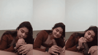 Pretty Girl Romantic Loving Blowjob To BF On Bed Two Hands Huge Cock